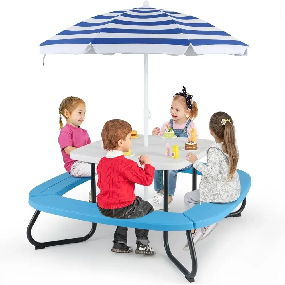 Kids Outdoor Picnic Table - 8 Kişilik Çocuk Piknik Masası, Şemsiyeli,