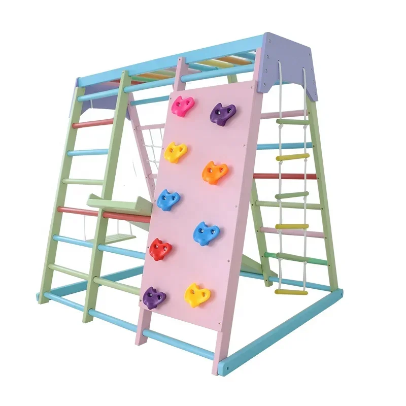 Kids Outdoor Gym Equipment - Çocuklar İçin Ahşap Tırmanma Çerçevesi, Salıncaklı